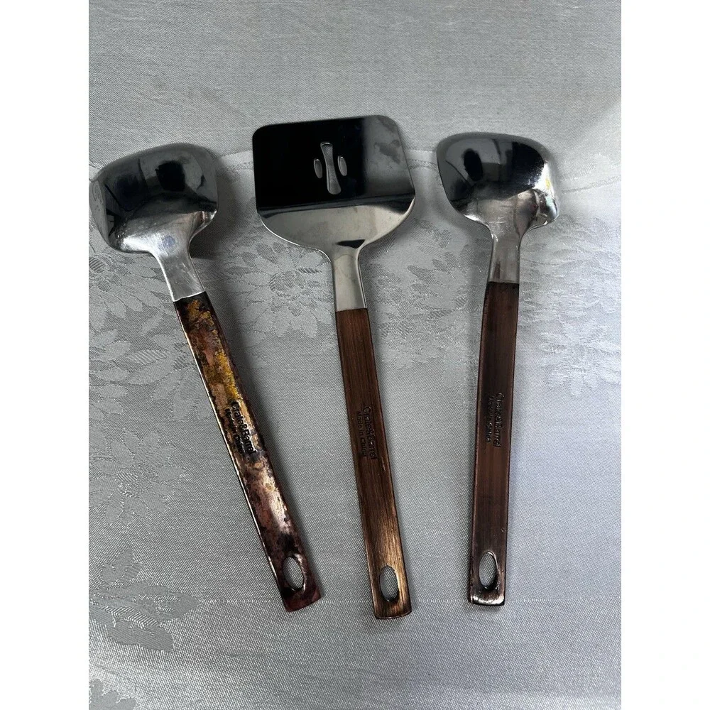 Crate & Barrel Copper Handle Stainless Steel Spoon Spatula Utensils 3 Pc Set